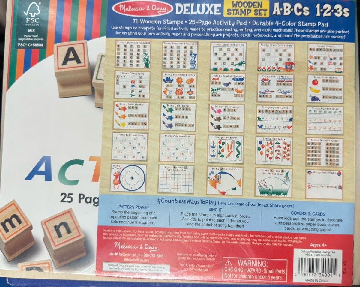 New Melissa & Doug Deluxe Wooden Stamp Set ABCs 123s Letters & Numbers Act Pad