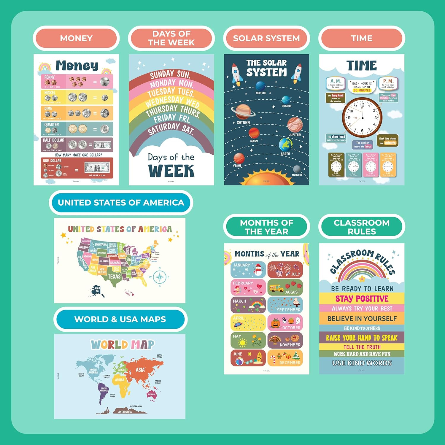 16 Laminated Boho Educational Posters for Toddlers – Toddler Learning Posters fo
