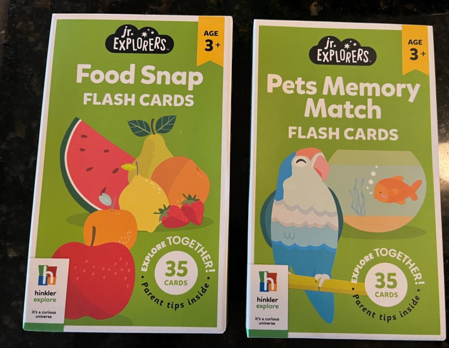 2 -Hinkler jr. Explorers 35 Flash Cards Each Box- Pets Memory Match ,Food 3yrs+