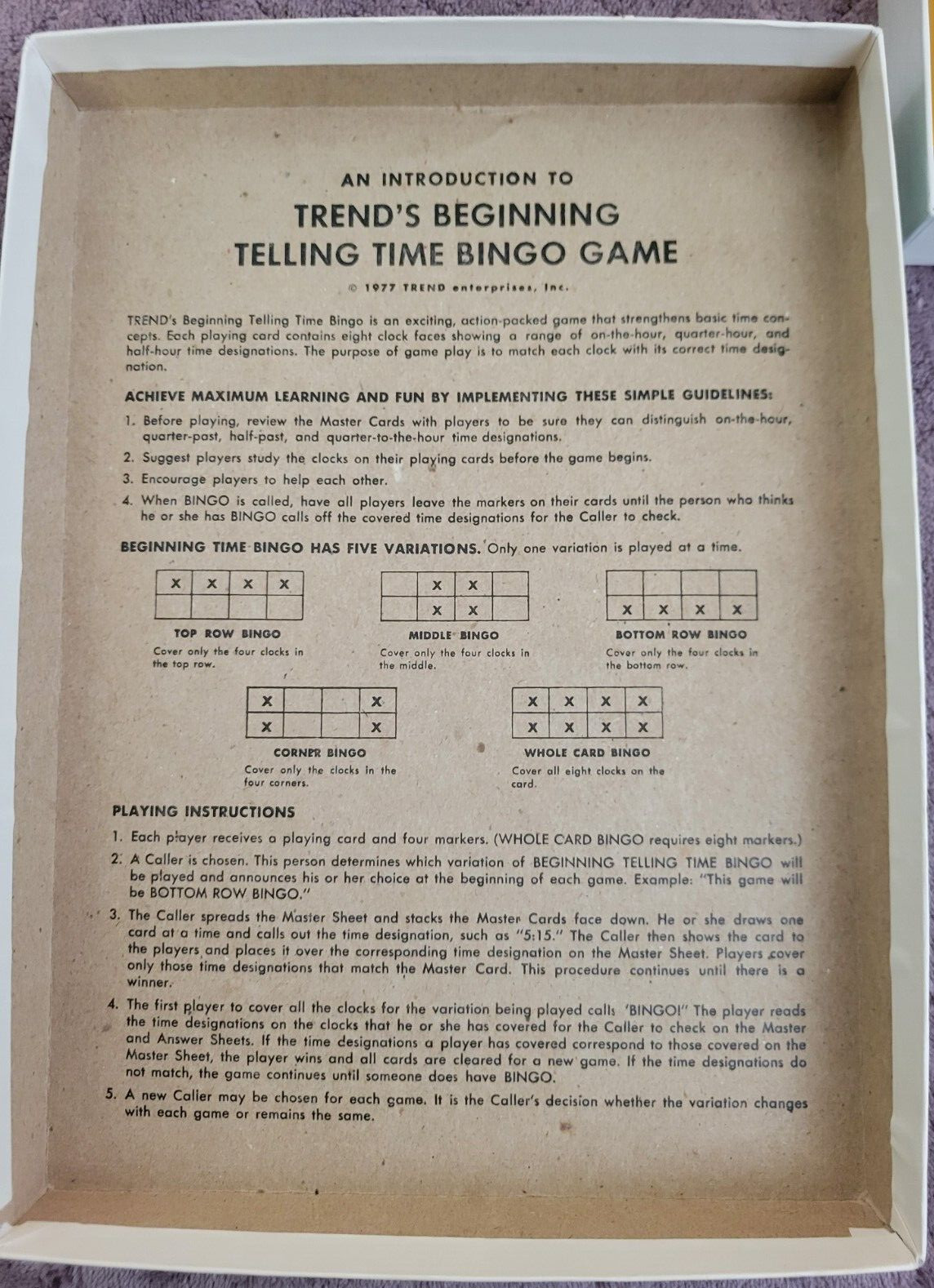Vintage Trend Beginning Telling Time Bingo Complete – Active Learning -1977