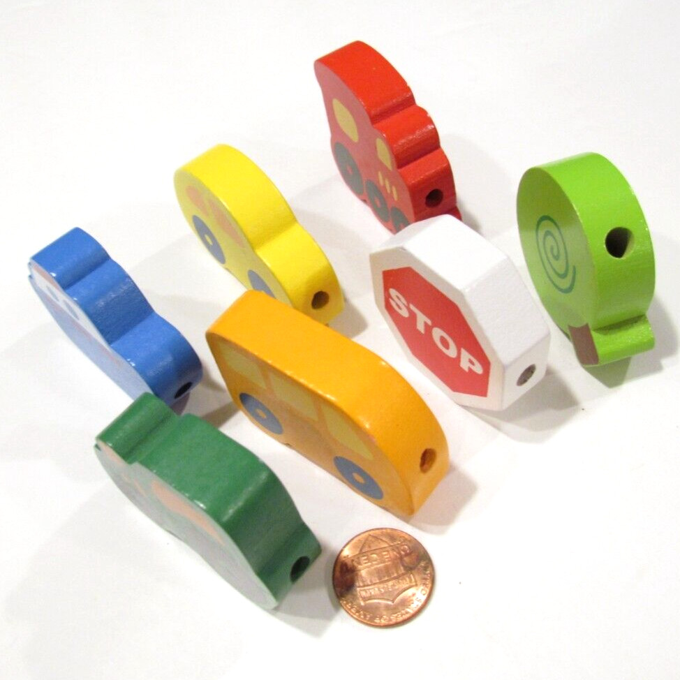Lot of 7 Colorful Wooden Beads Bus Train Car Tree Stop Sign Tractor Boat / Ship