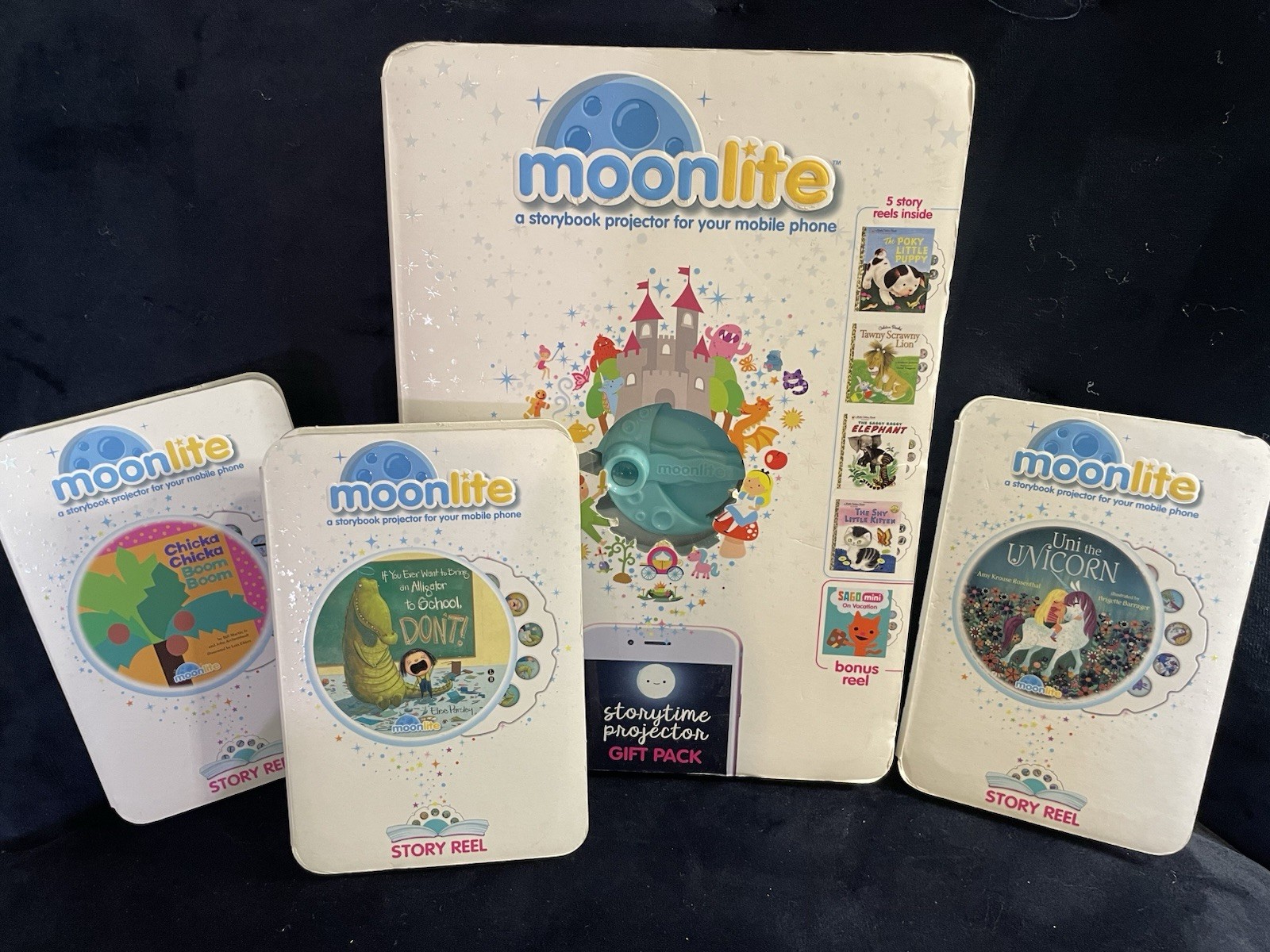 Moonlite Golden Book Projector Gift Pack Lot w Extra Story Reels (3)
