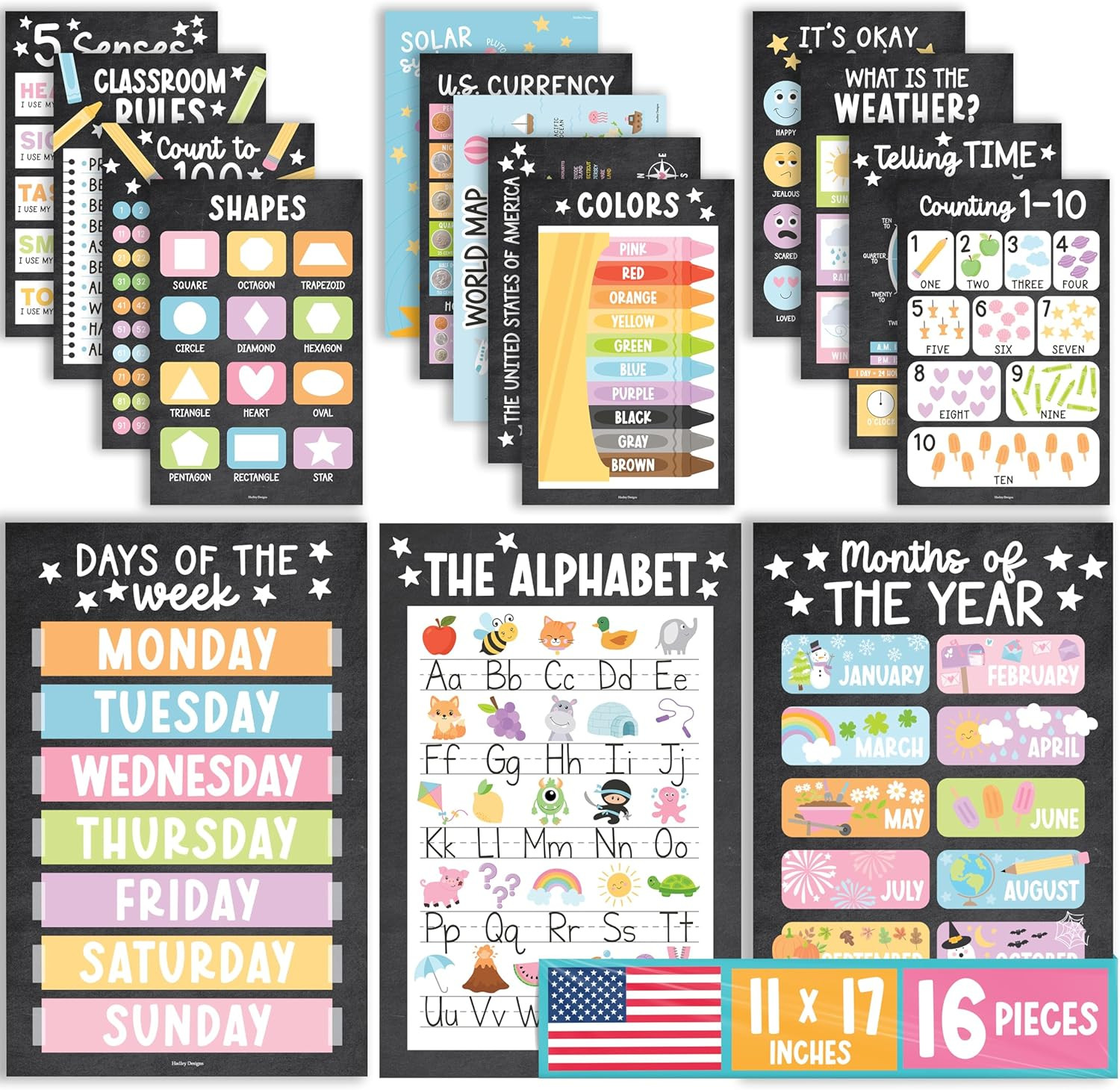 16 Educational Posters for Classroom Must Haves – Laminated Pre-K Posters for To