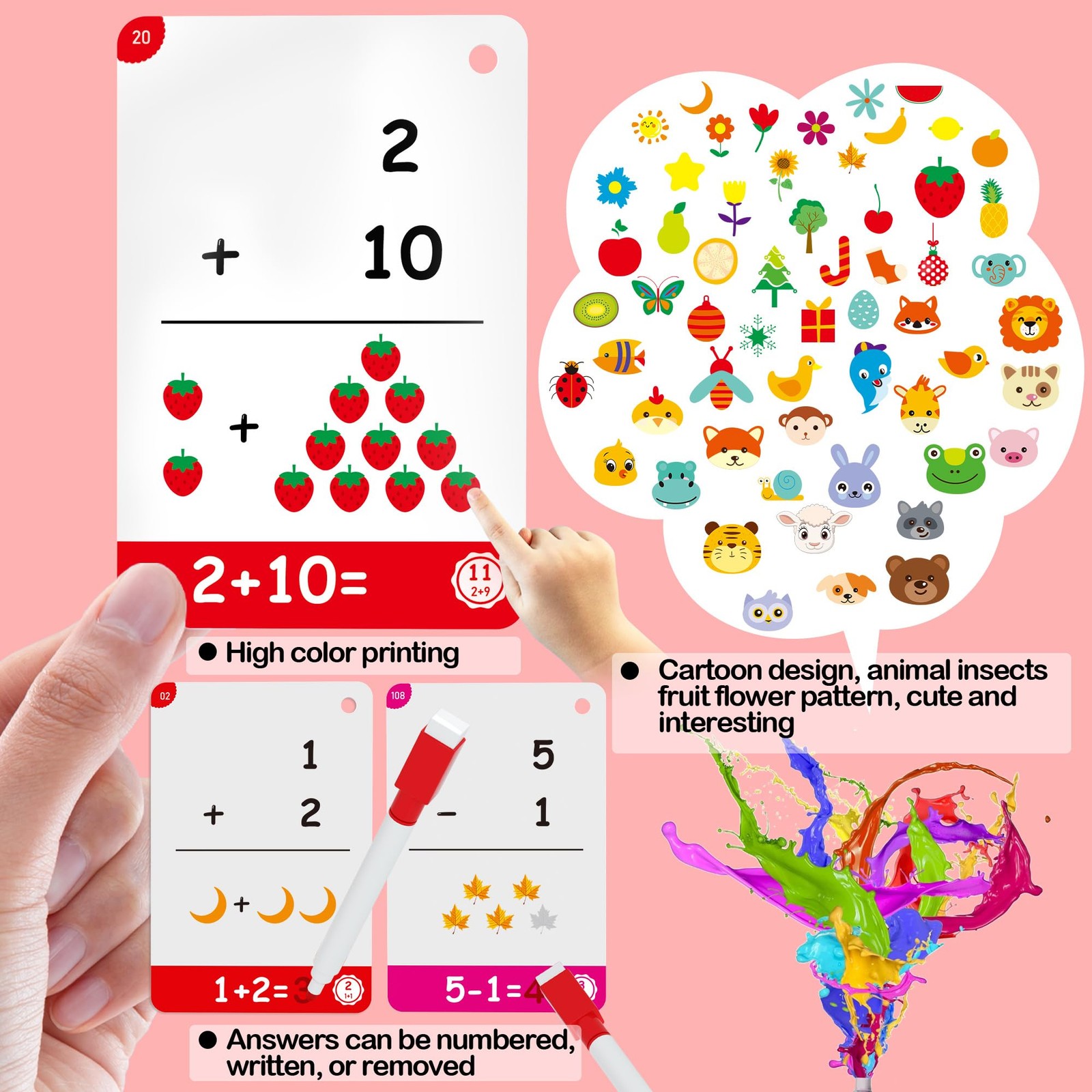 60Cards, 120 Pictures Math Flash Cards for Kindergarten,1ST, 2ND, 3RD Grade, …