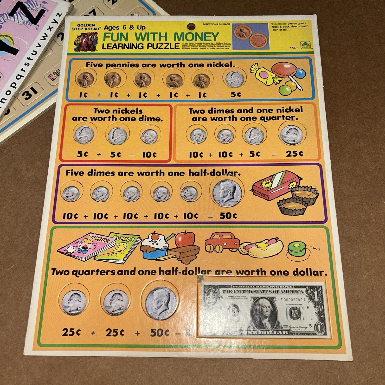 Vintage Golden Step Ahead learning Puzzle Fun with Money, Alphabet, Calendar