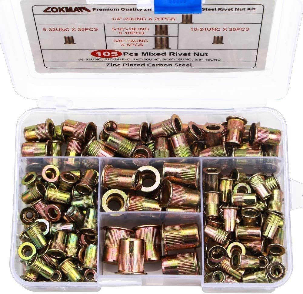 Rivet Nut, 105PCS Assort 8-32UNC 10-24UNC 1/4″-20UNC 5/16″-18UNC 3/8″-16UNC C…