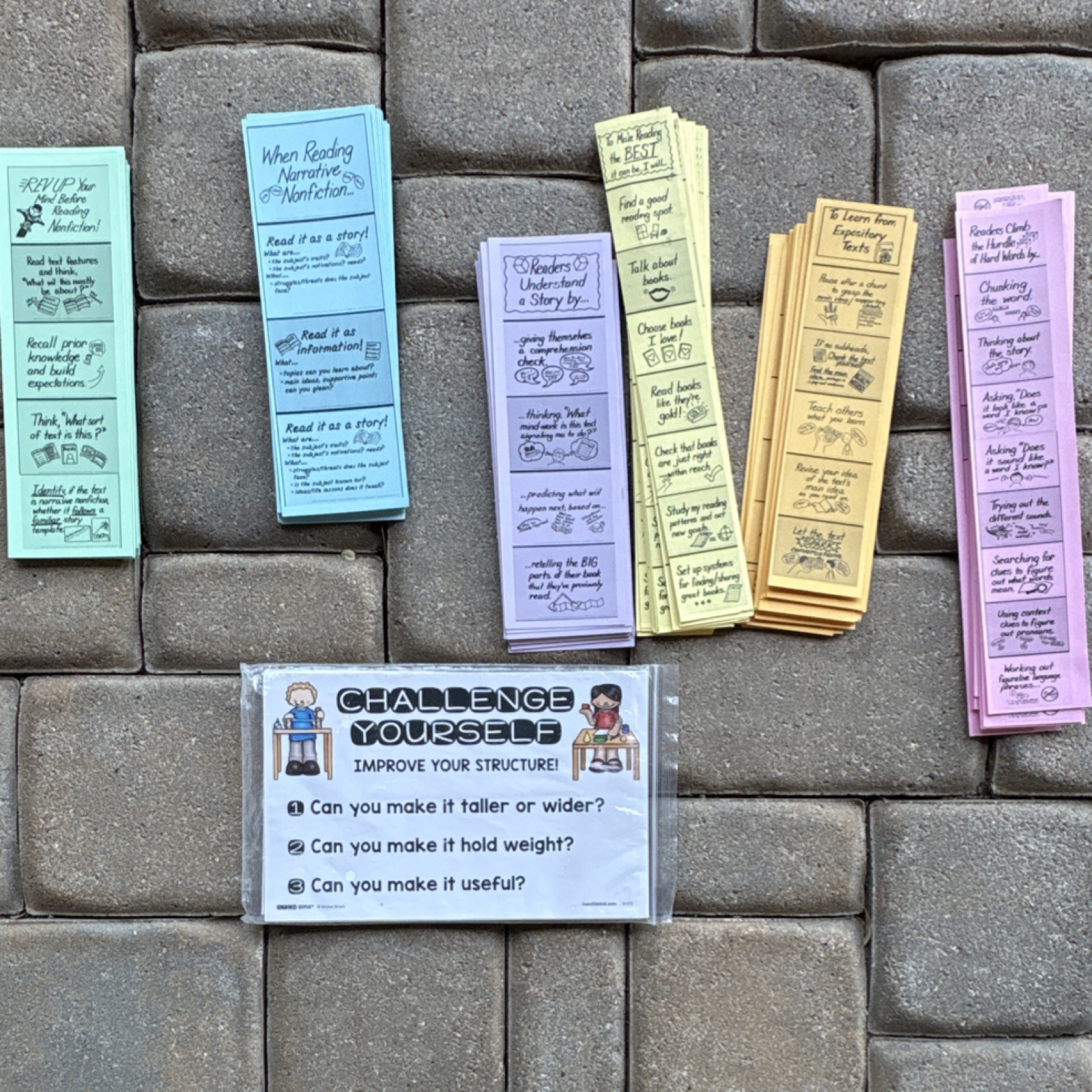 Multicolor Reading Strategy Challenge Cards & Comprehension Prompt Bookmarks Set