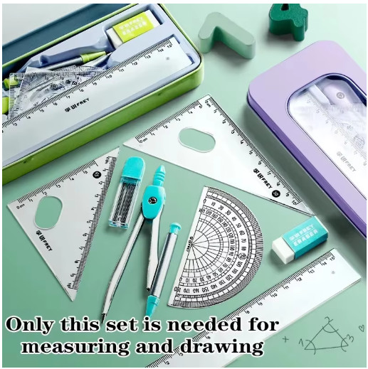 7 PCS Compass and Ruler Sets Triangle Ruler Protractor Rubber Student Exam