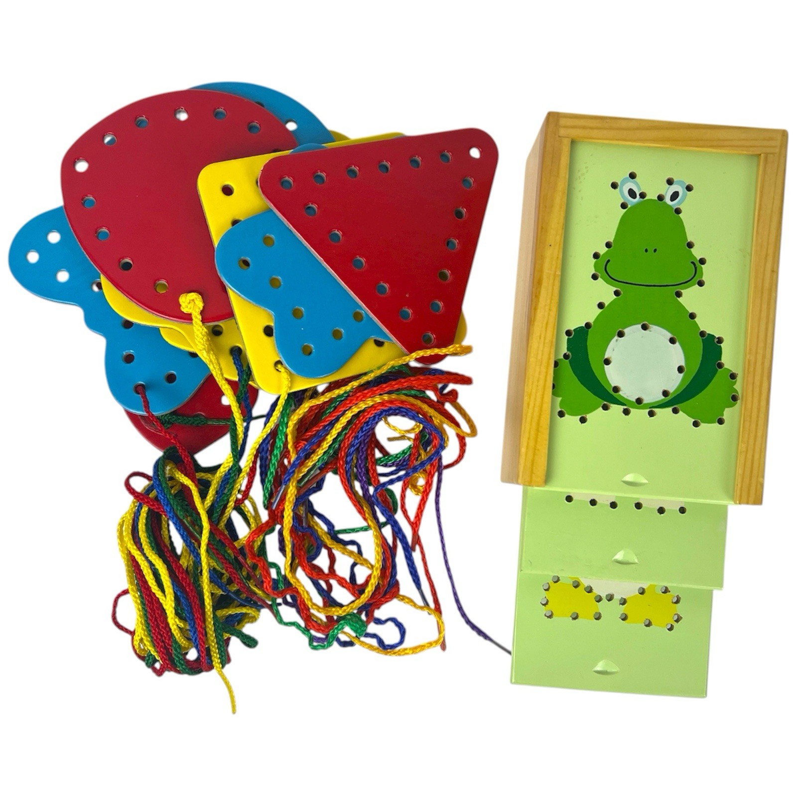 Vintage Schylling Wooden Lacing Cards Kids Toy Set Duck Pig Frog Shapes & String