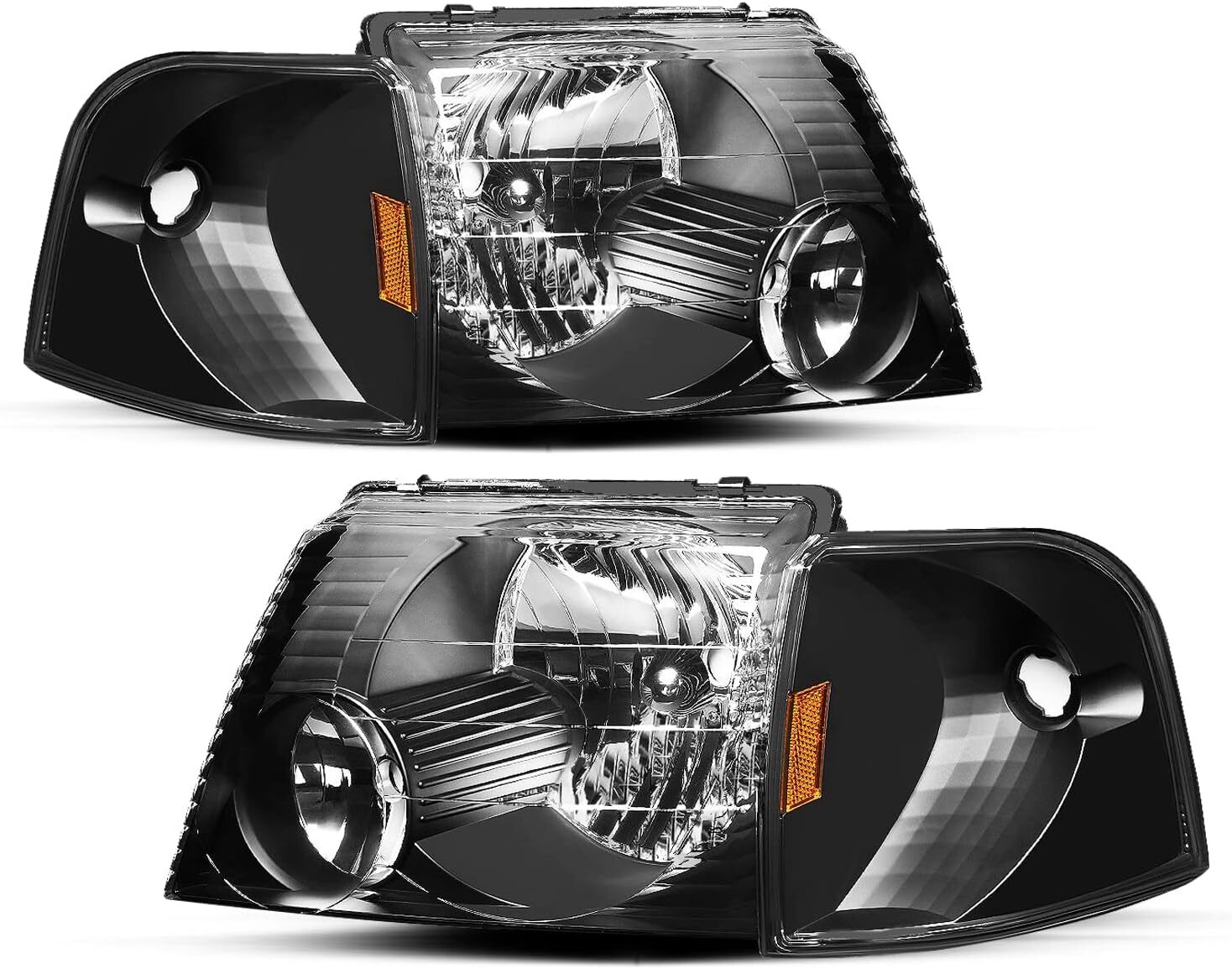 02-05 Ford Explorer Headlight Assembly Black Housing Amber Reflector Pair