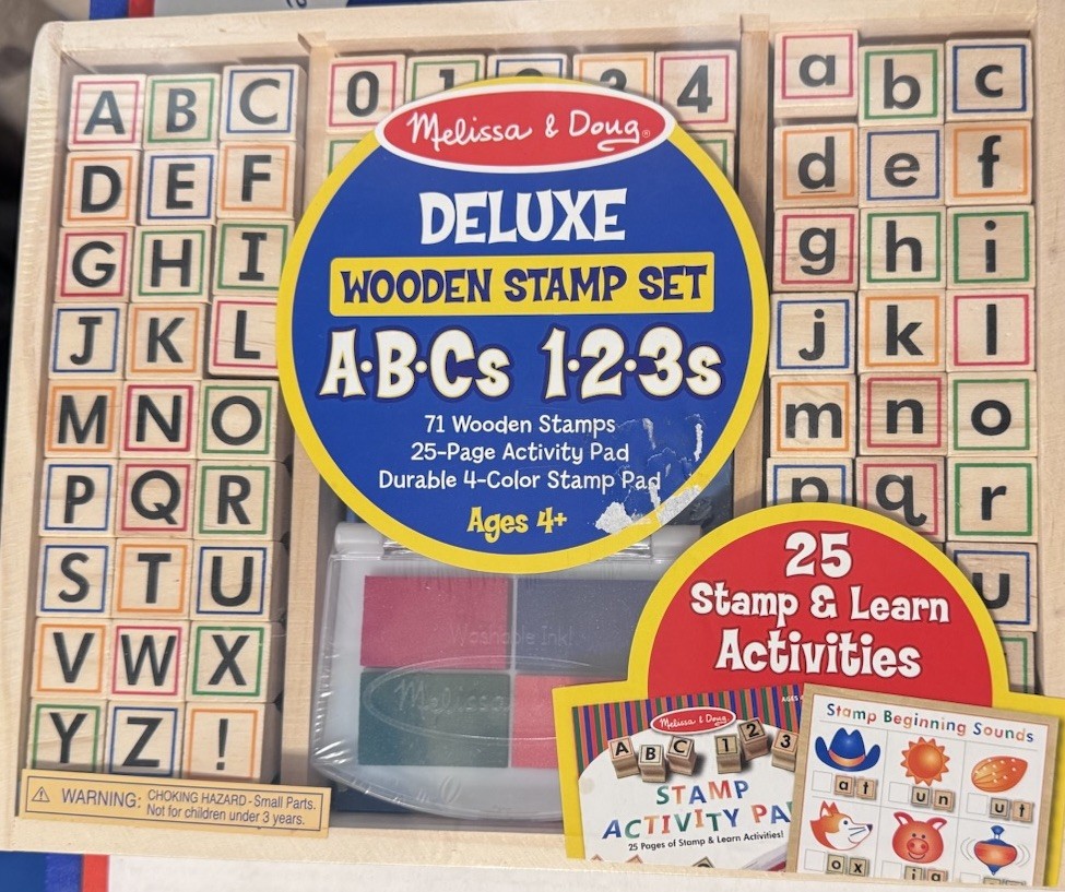New Melissa & Doug Deluxe Wooden Stamp Set ABCs 123s Letters & Numbers Act Pad