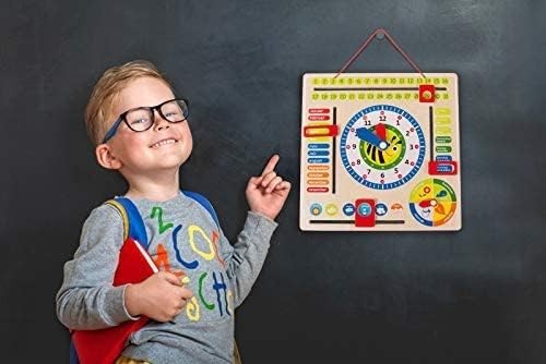 small foot 4765 wooden learning clock “busy bee”, learning board for date, time