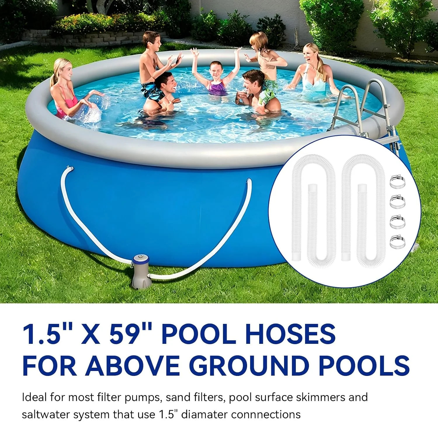 Pool Hoses for Above Ground Pools 1.5″ Diameter x 59″ Long, 2 Pack 1.5 Inch Abov