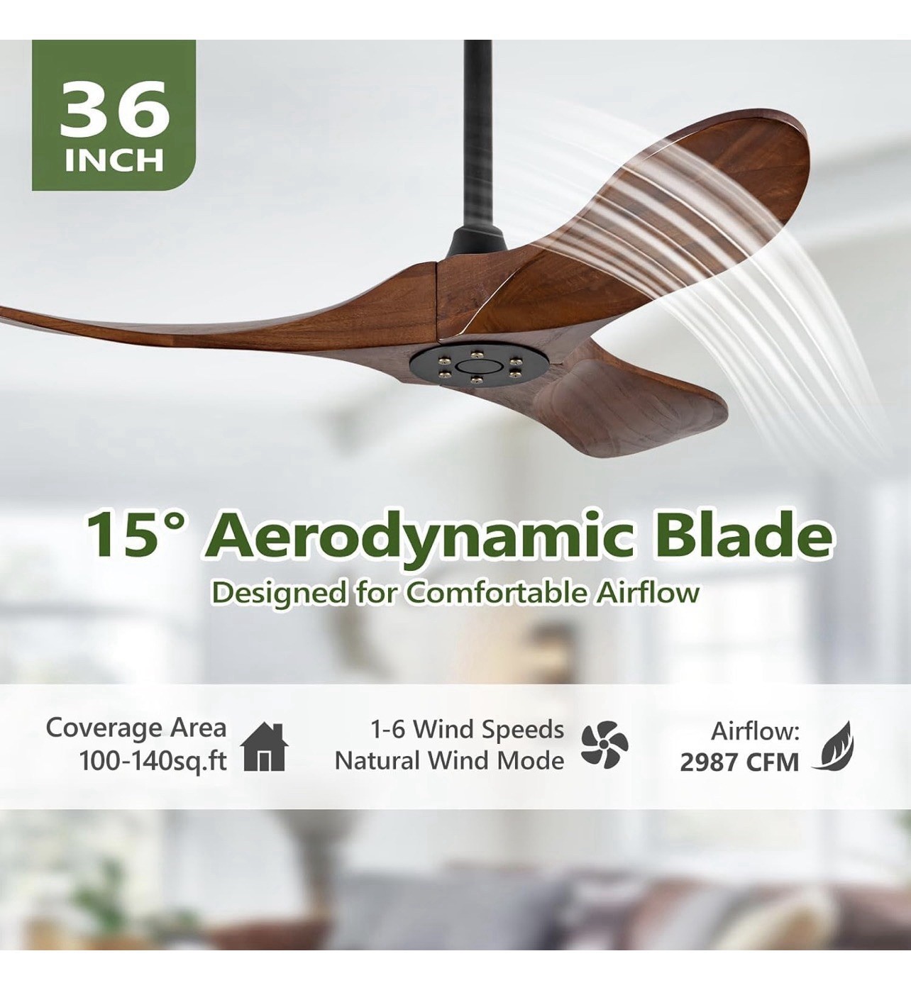 36 Inch Solid Wood Ceiling Fans without Lights, 6 Speeds,Reversible Outdoor/in
