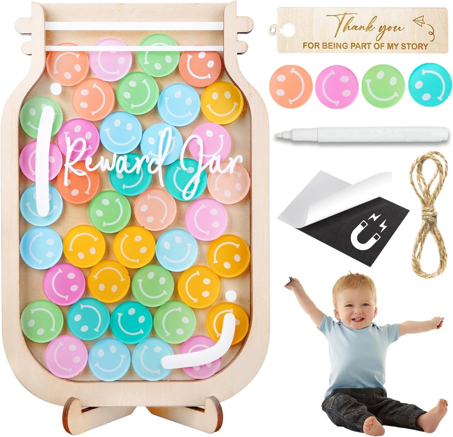 Smiley Face 11″ Reward Jar Magnetic DIY Name 75 Tokens for Classroom Kids Potty