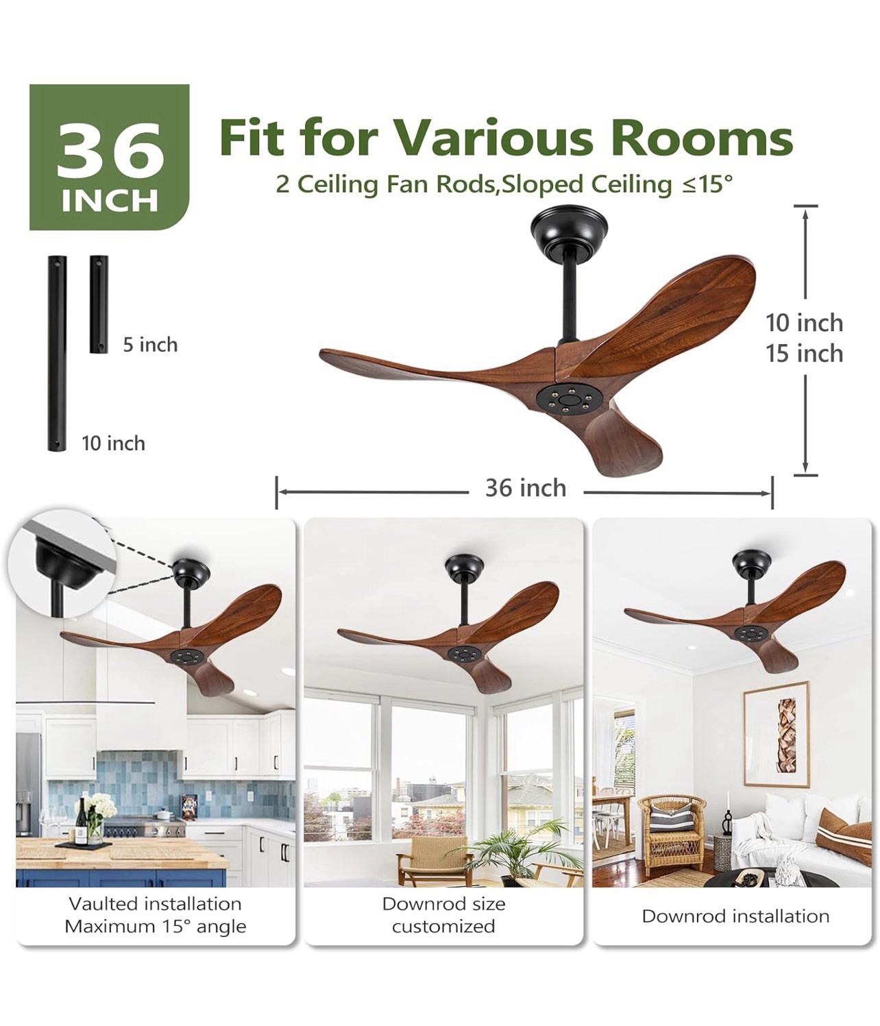 36 Inch Solid Wood Ceiling Fans without Lights, 6 Speeds,Reversible Outdoor/in