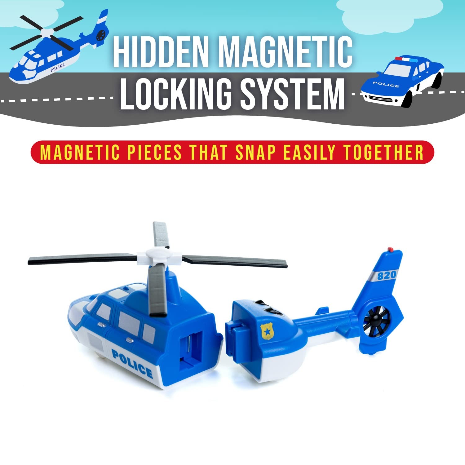 Mix and Match Police Vehicles Magnetic Toy Set for Kids Ages 3 and Up