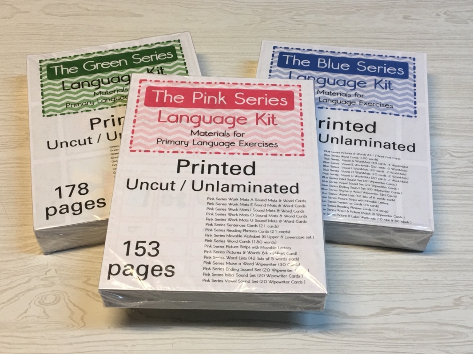 The Pink, Blue & Green Series – all 3 Language Kits Montessori (PRINTED) 500 pgs