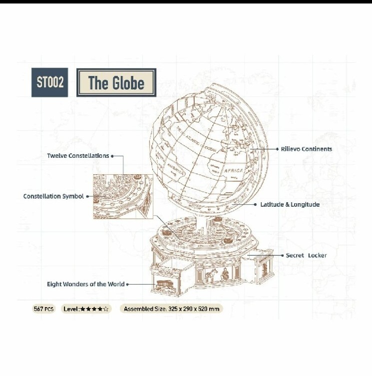 Hands Craft DIY 3D Wooden Puzzle Globe Earth Model, ST002