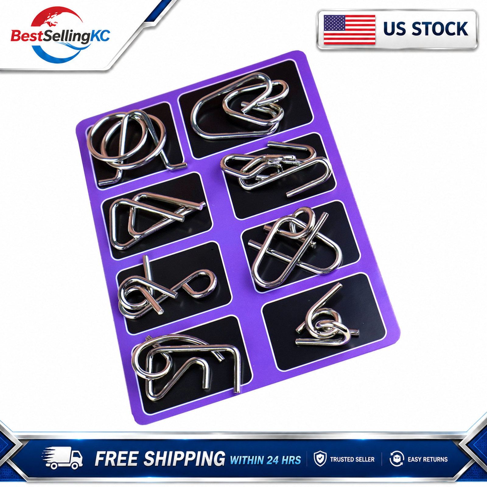 8PCS Metal Wire Puzzle Set Purple Brain Teaser Toy Educational Gift