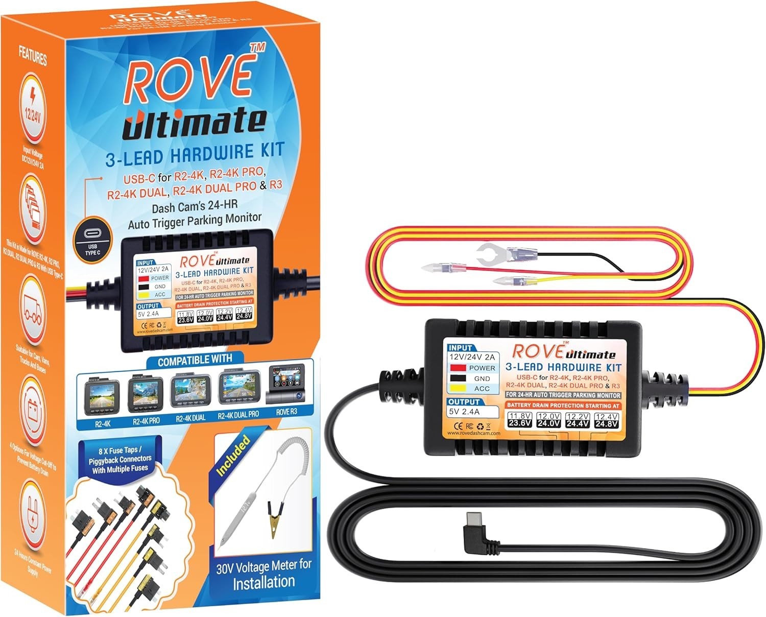 ROVE Ultimate Dash Cam Hardwire Kit with USB-C Port for R2-4K, R2-4K PRO, R2-