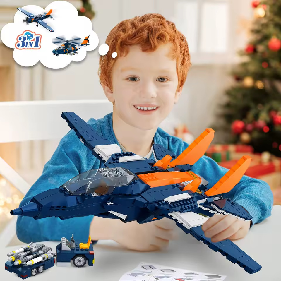 HOGOKIDS 3 in1 Fighter Jet Plane Building Sets Military Propeller Aircraft Gunsh