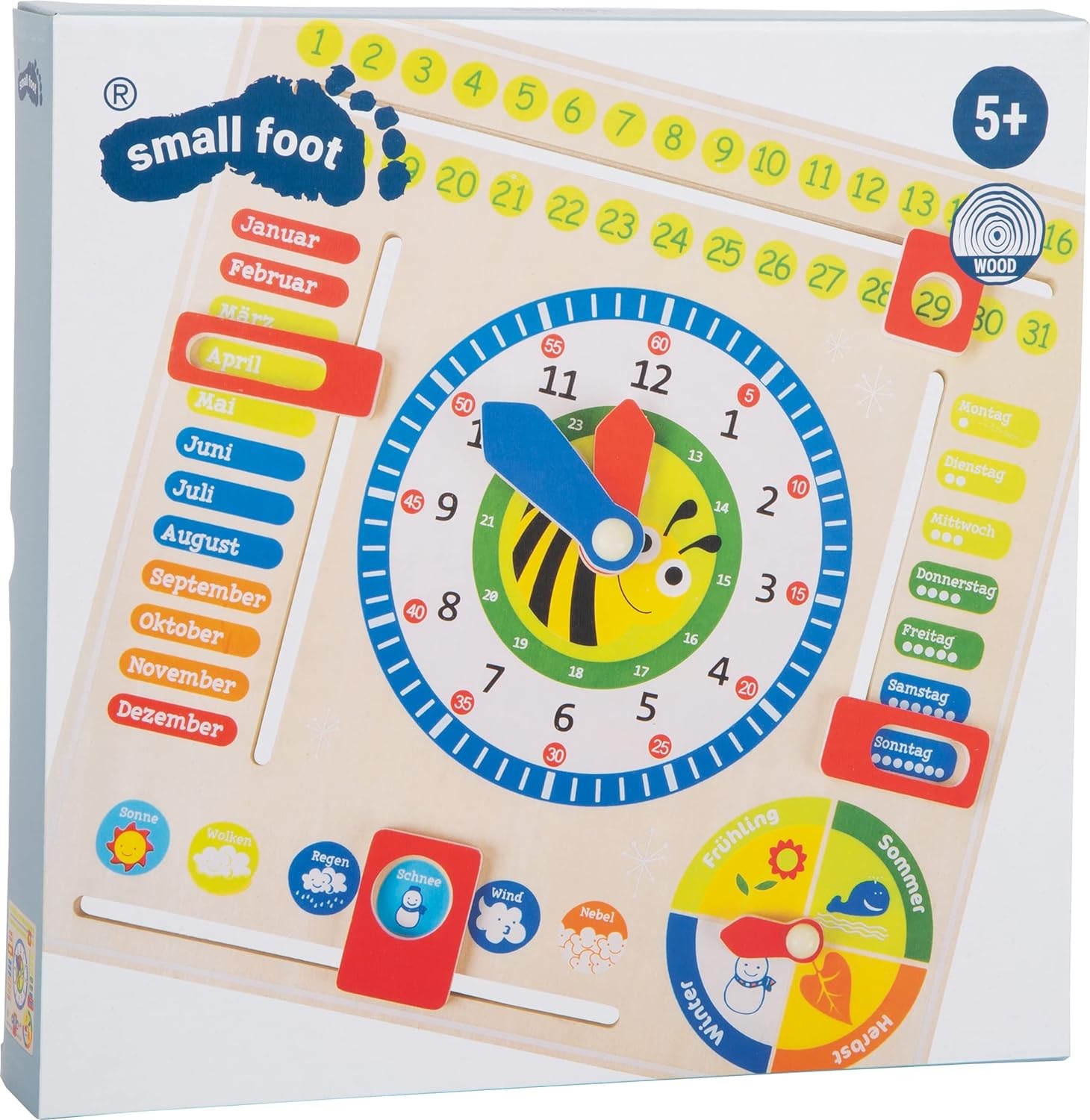 small foot 4765 wooden learning clock “busy bee”, learning board for date, time