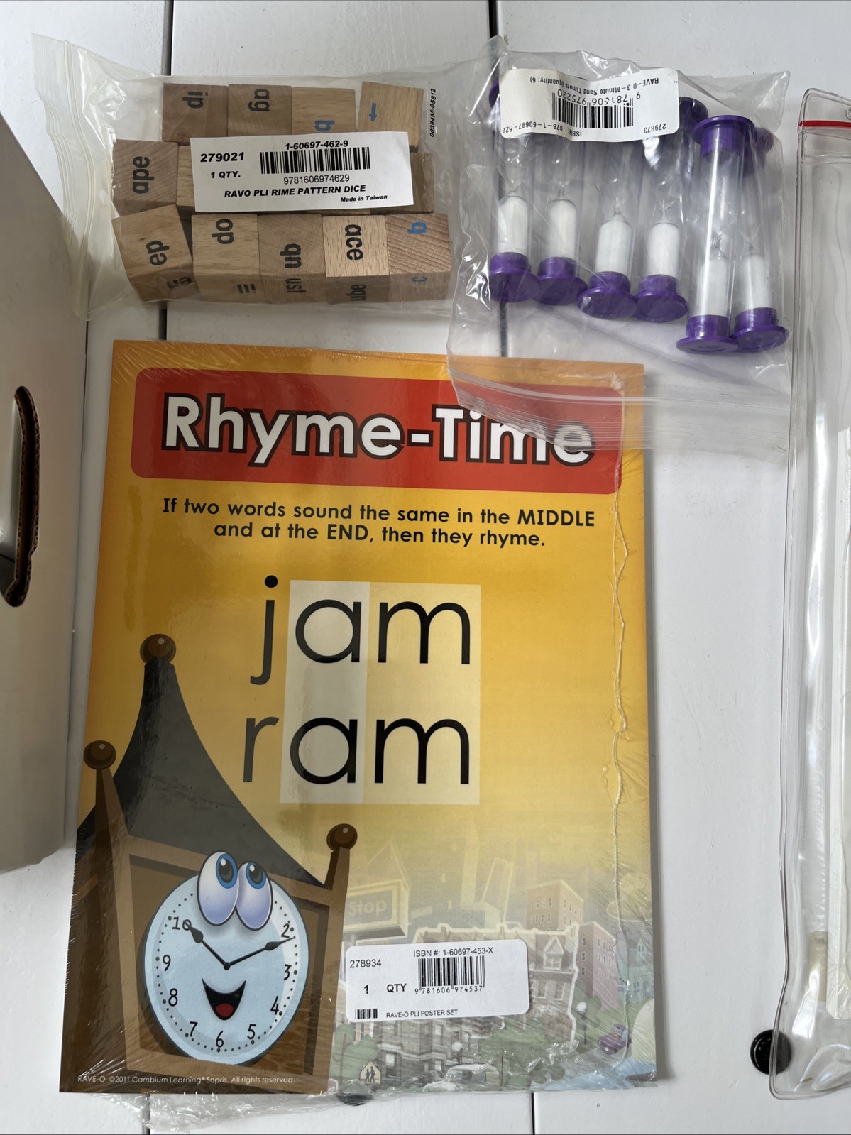 Rave-O Home School Learning Aid Lot Rhymes Dice Cards Magnifying Glass, Time