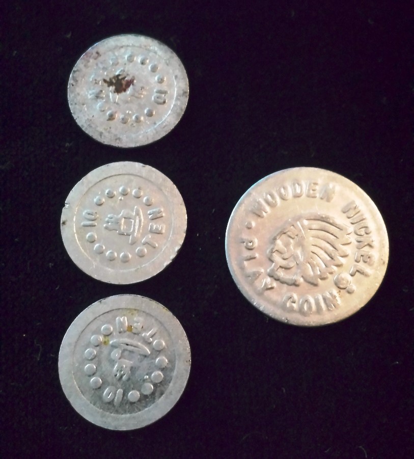 Interesting Lot of 4 Miniature Aluminum Play Coins 3-Dimes / 1-“Wooden Nickel”