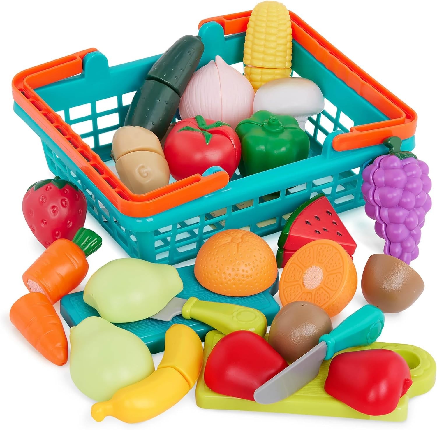 Multicolor Farmers Market Toy Food Basket for Creative Pretend Play – 37 Pieces