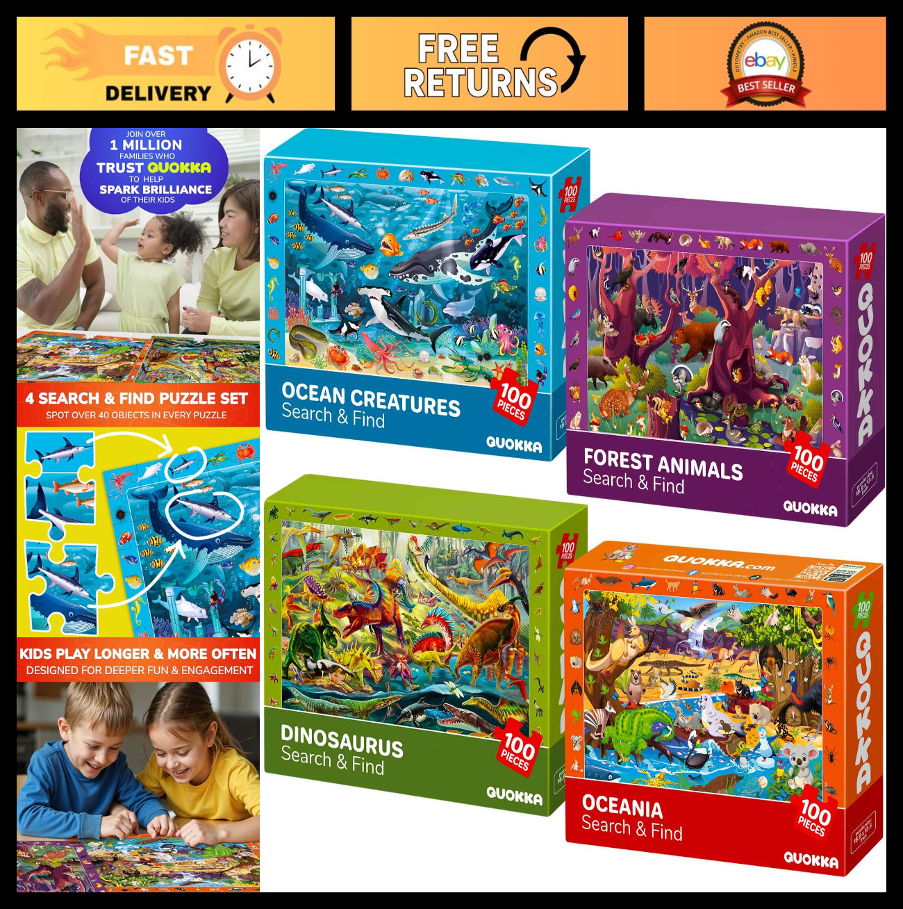 100 Piece Jigsaw Puzzles for Kids 4-8 – Animal & Dinosaur Search and Find Games
