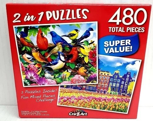 2 IN 1 PUZZLE JIGSAW SET MIXED 480pc TULIPS IN AMSTERDAM BIRDS GARDEN CAPE COD