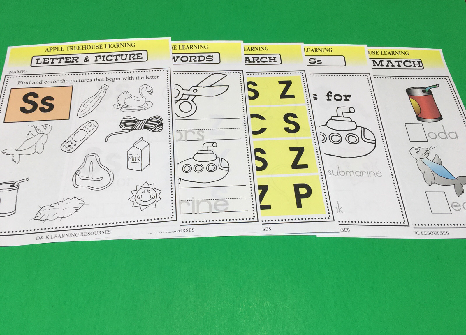 Letter Ss – Apple Treehouse Worksheets – Preschool Teaching supplies 20pgs