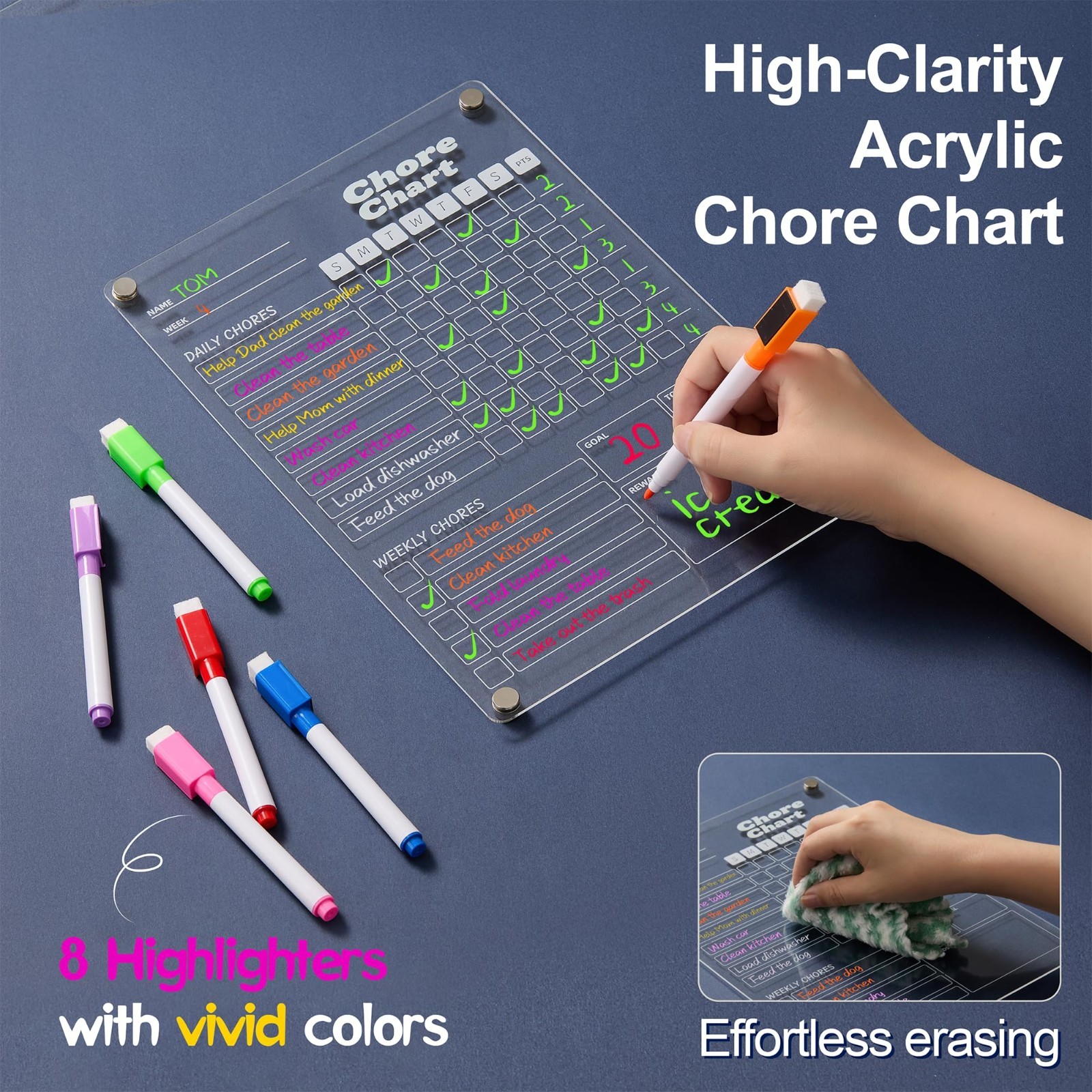 Acrylic Magnetic Chore Chart Set for Kids & Adults – Dry Erase Reward Board, 12″