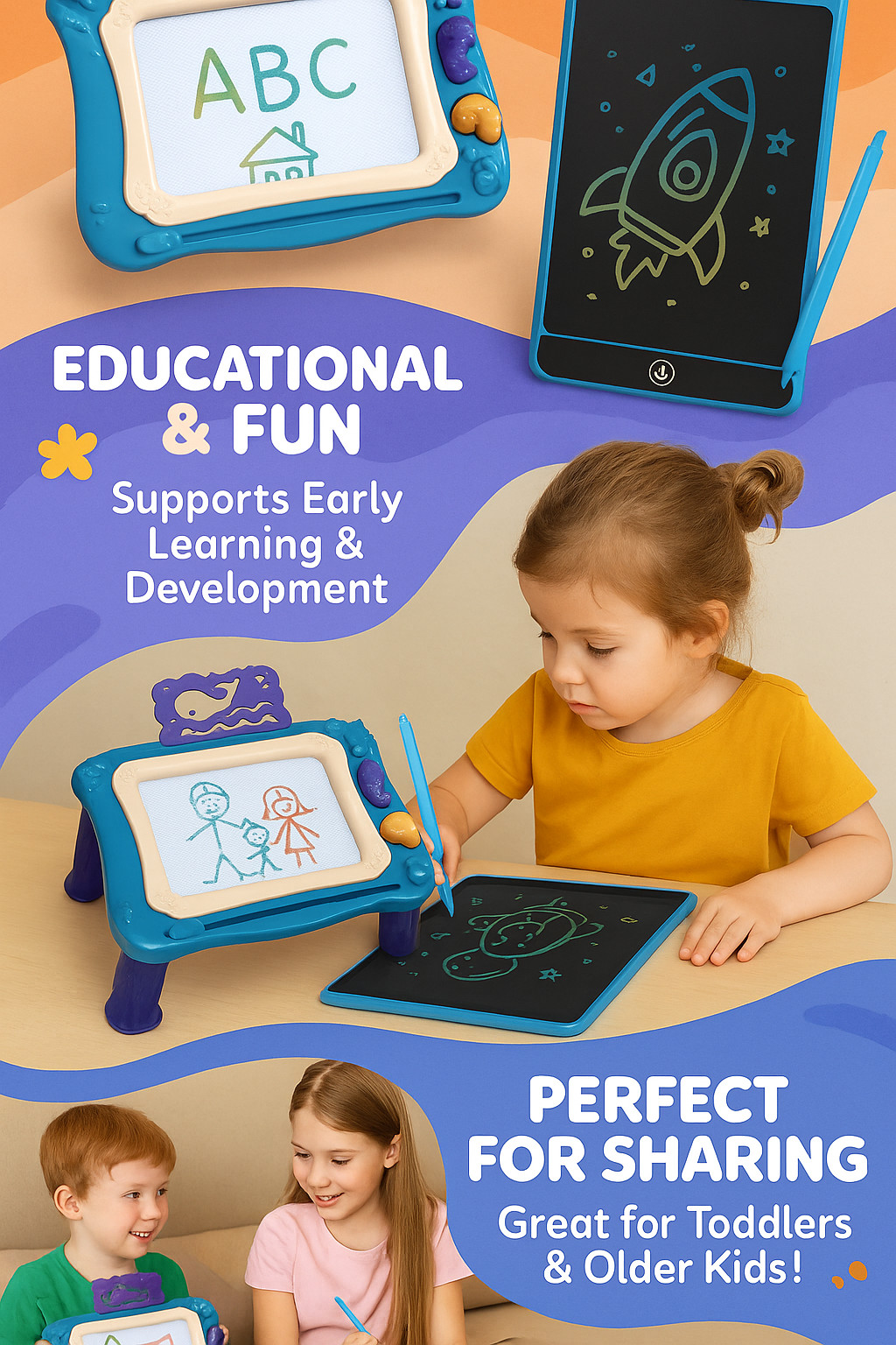 JoyX 2-Pack Magnetic Drawing Board & LCD Tablet for Kids – Joy-Doodle & Portable
