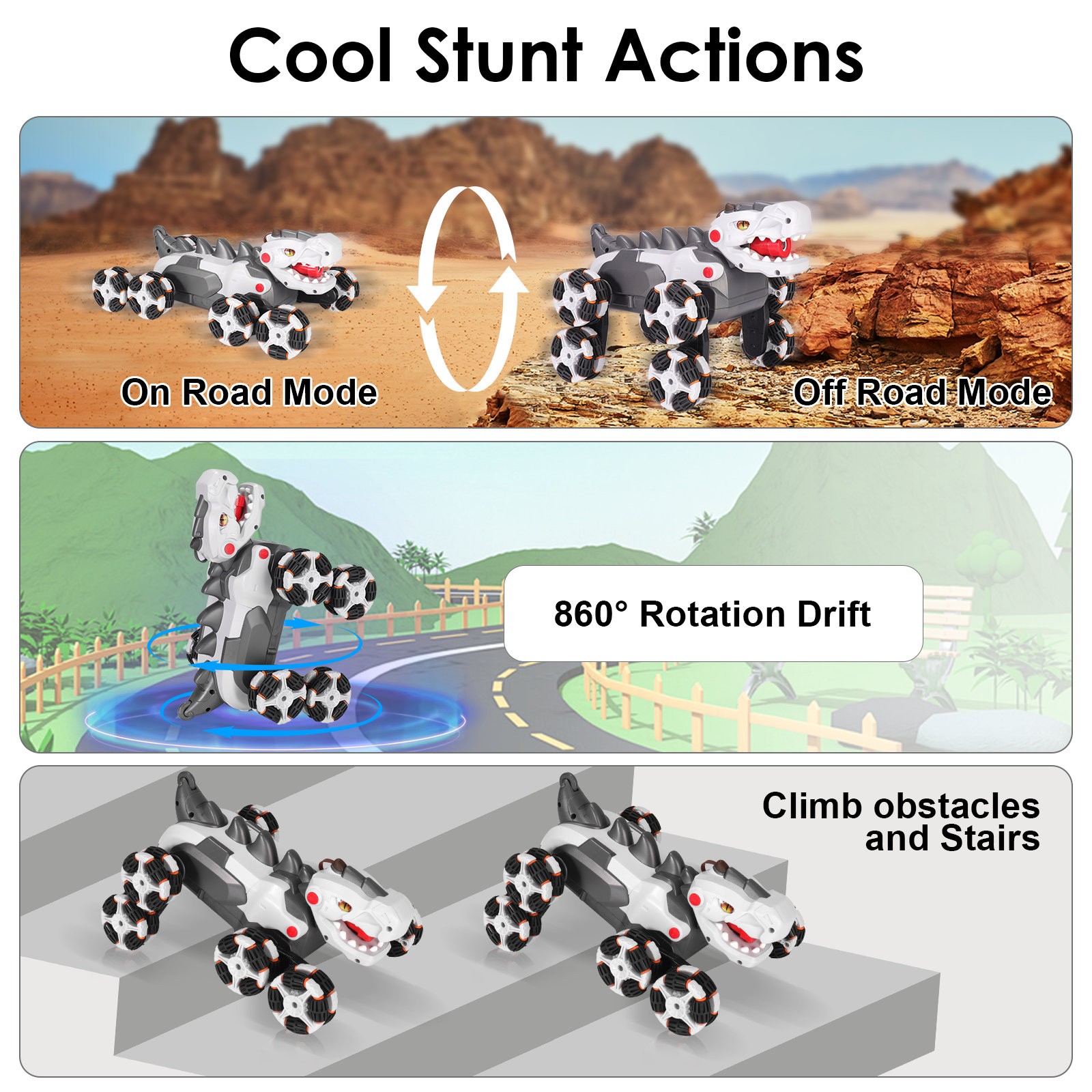 8 Wheels Dinosaur Transform RC Stunt Ca RC w/ Transforming&Spray & 360° Rotation