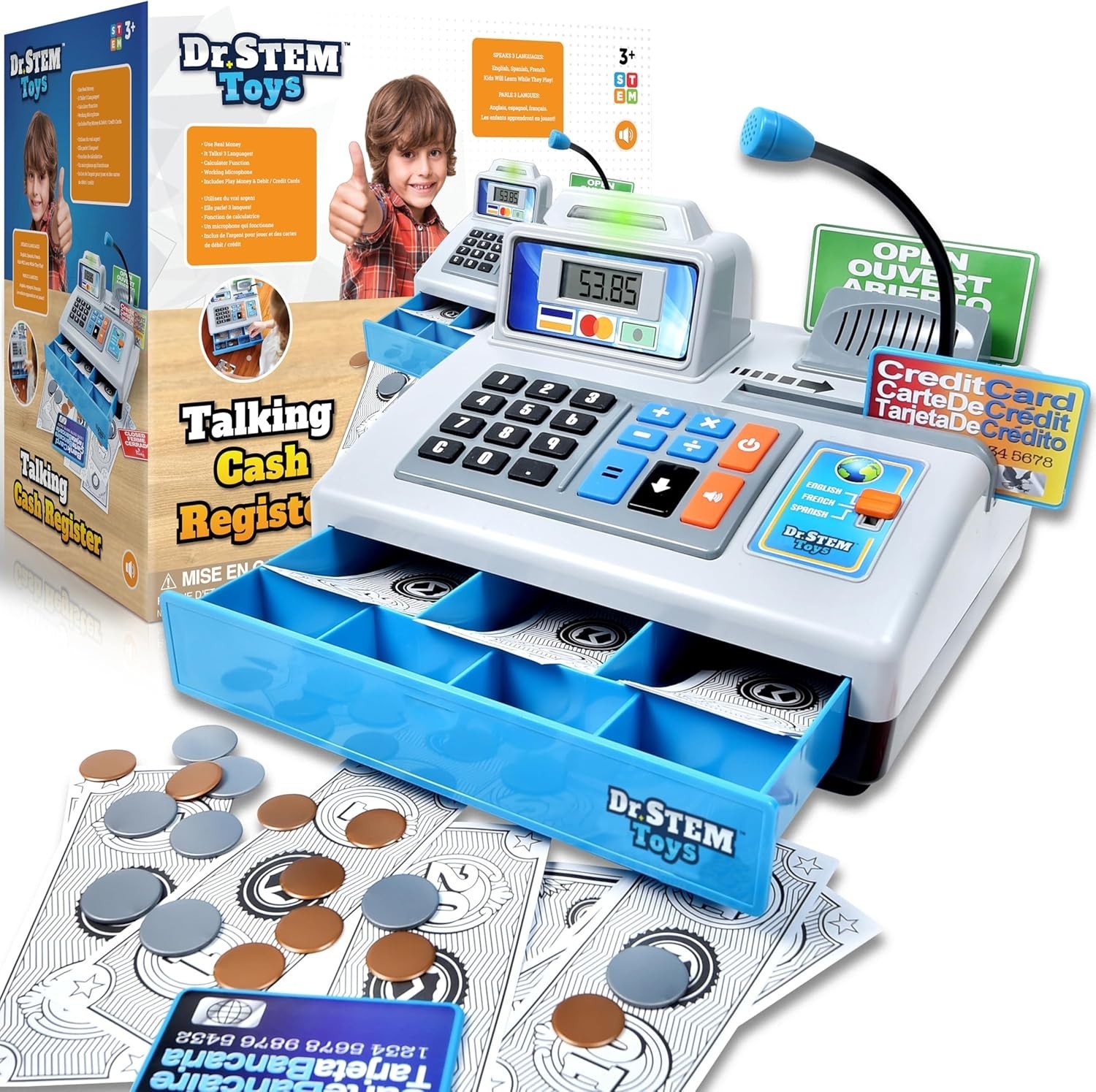 Dr. STEM Toys Talking Toy Cash Register Grey 3 Languages English Spanish French