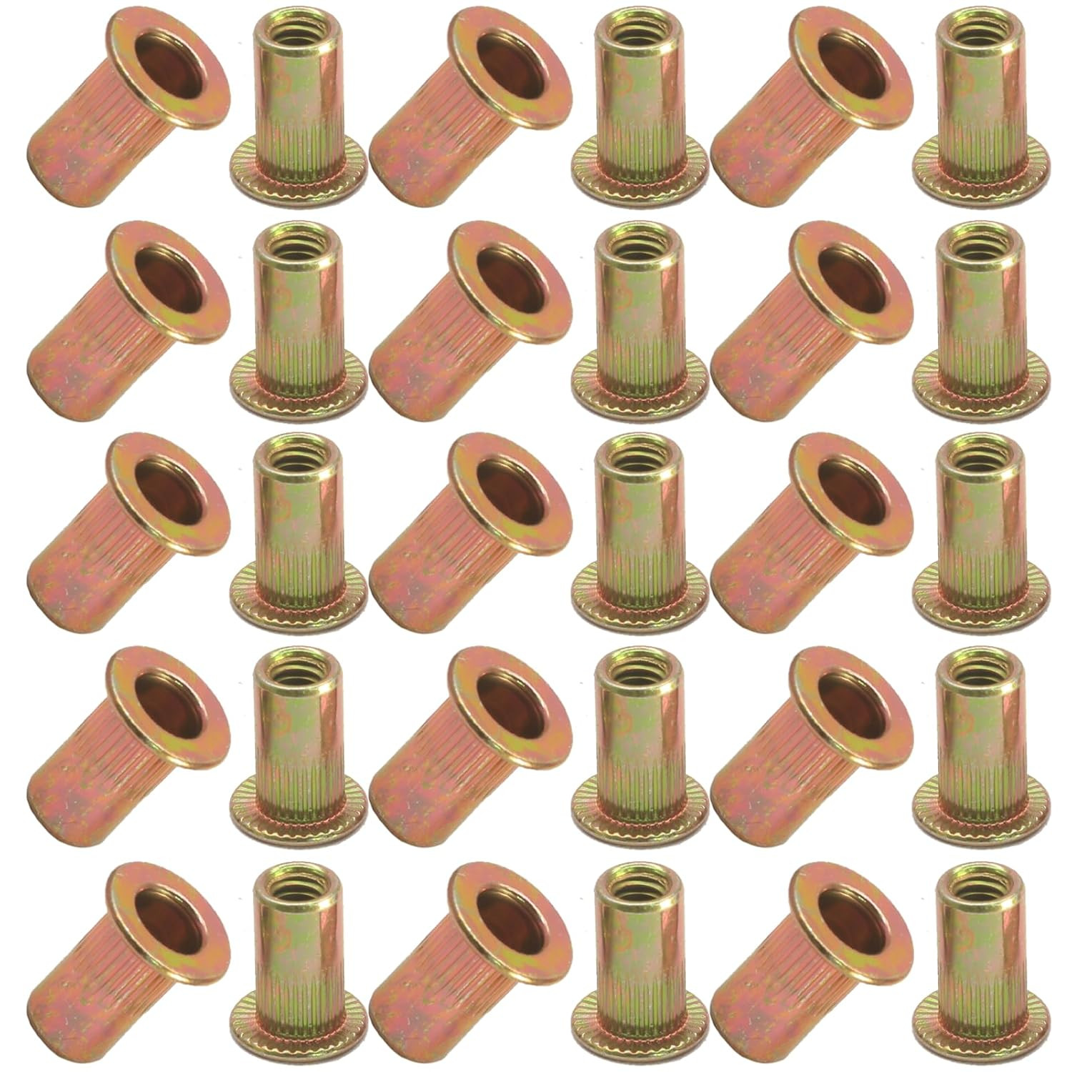 100Pcs #10-32 Rivet Nuts, Carbon Steel Rivnut Flat Head Threaded Insert Nut Knur