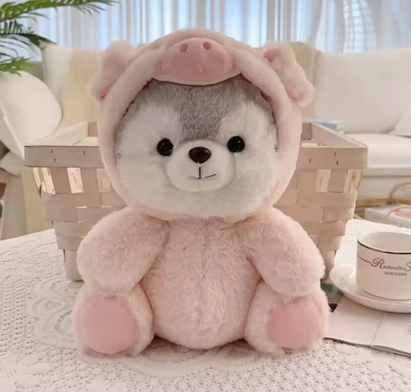 NEW Cute Husky Dog Plush Stuffed Animal with Pink Pig Costume for Women