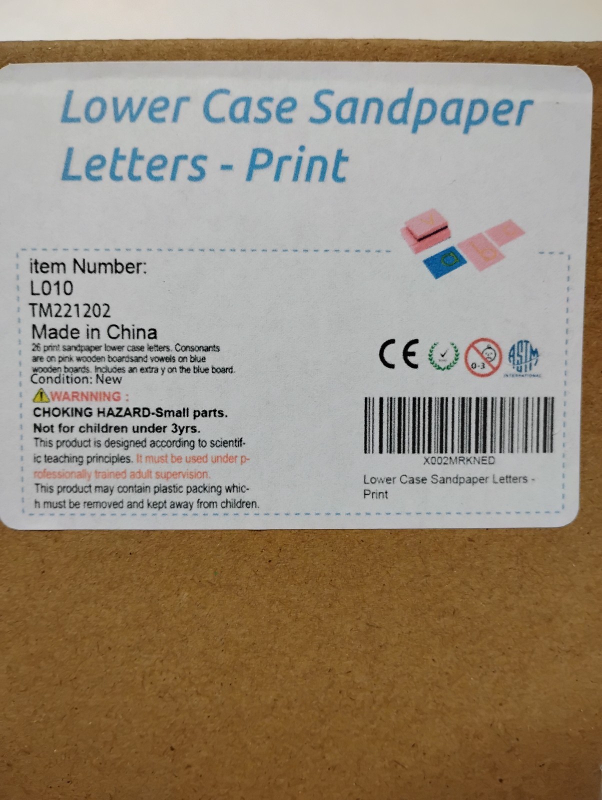 Montessori Lower Case Sandpaper Letters Print Wooden Box Complete Open Box New