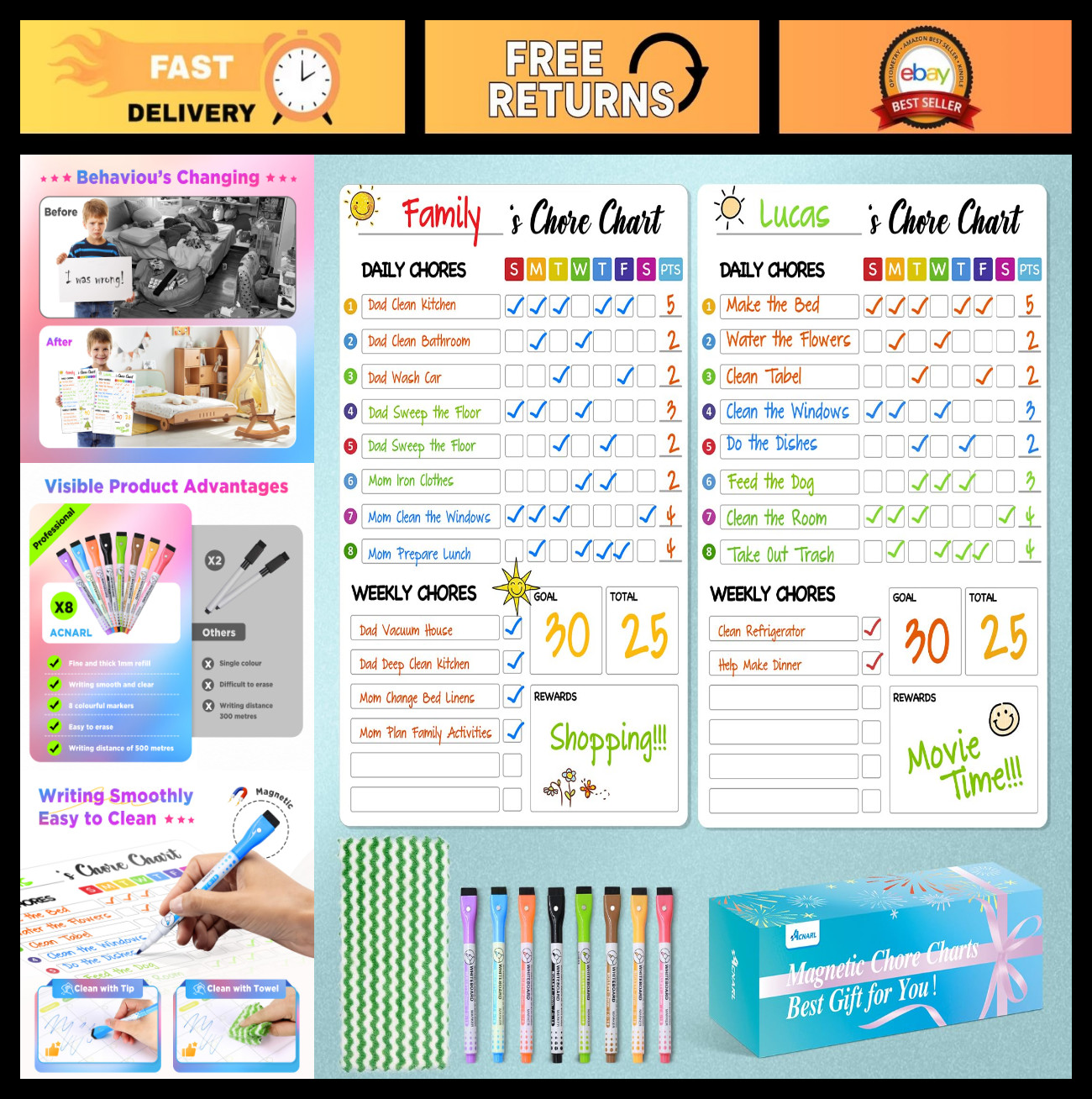 2 Pack Dry Erase Chore Chart for Kids & Adults – Magnetic Behavior Board, 8″x12