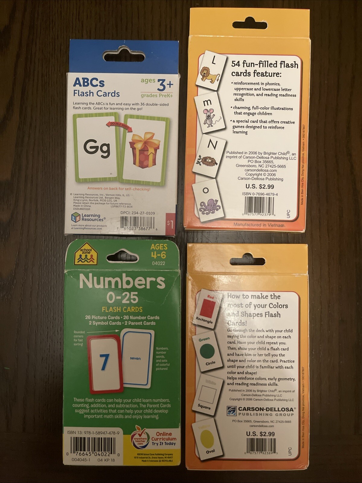 4 Pack Flash Cards ABC’s, Numbers, Colors and Shapes