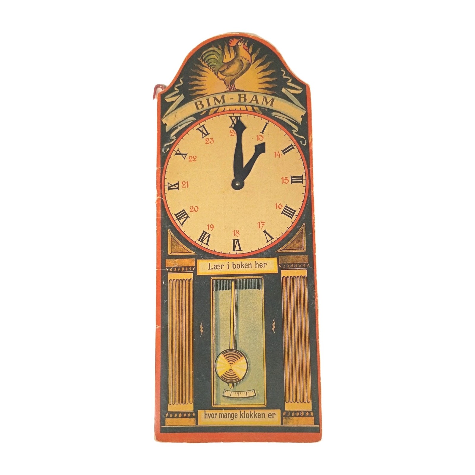 Vtg BIM-BAM Learning Clock Norwegian Cardboard Teaching Clock Rooster Wall Toy