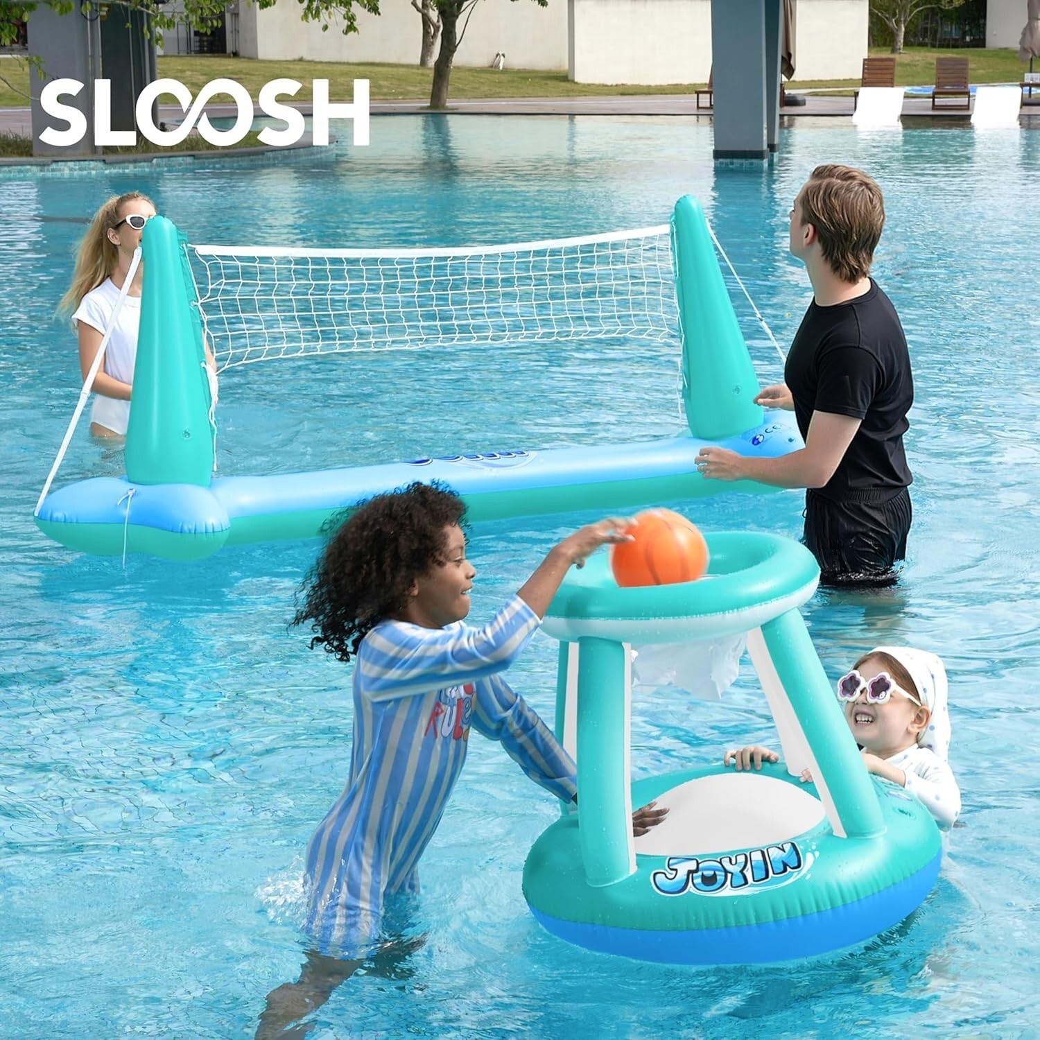 JOYIN XL Inflatable Pool Float Set, 125” Volleyball Net & Basketball Hoops,