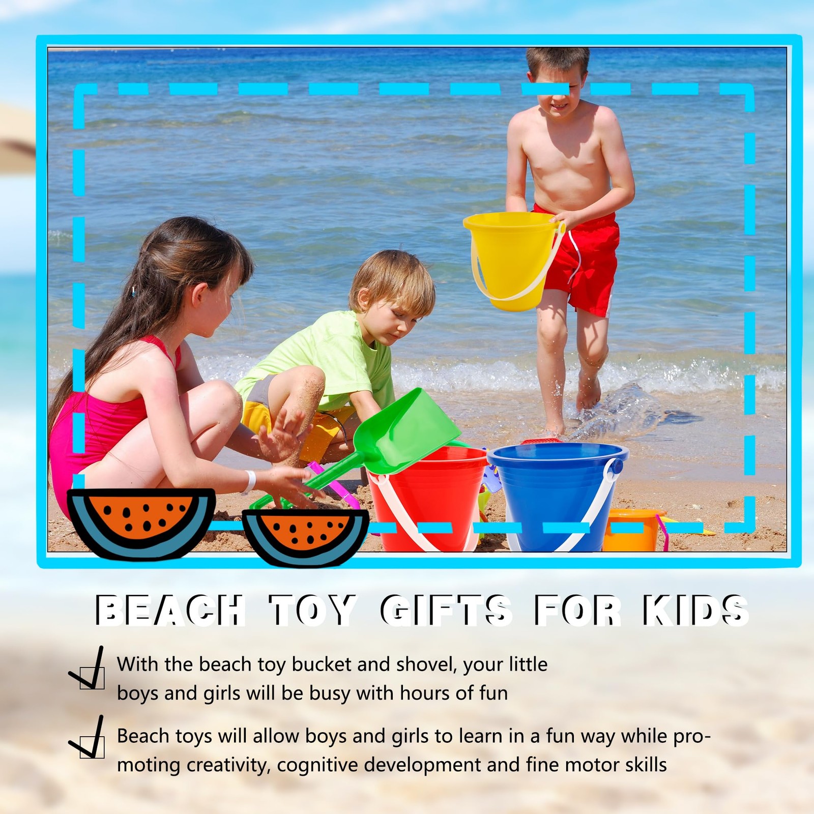 13.5 x 8 x 12 cm (buckets), 19 x 6 (shovels), Red, Blue, Yellow, Green