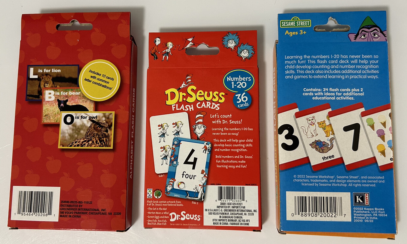 Learning Flash Cards (3) Alphabet & Animals/Dr Seuss Numbers/Sesame St Numbers