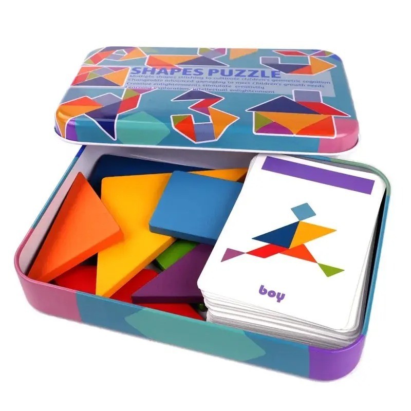 Children’s Wooden Colorful Tangram Iron Box Storage Jigsaw Puzzle Puzzle Early