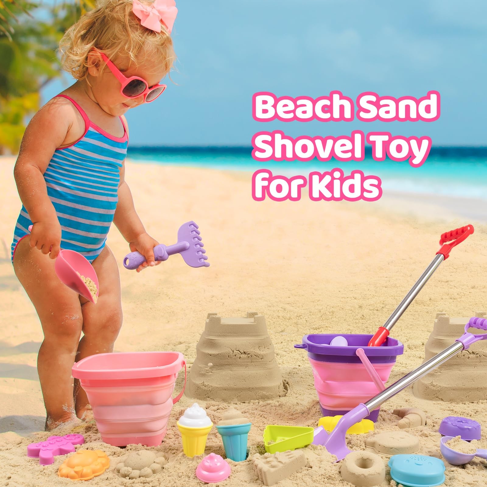FUNWEGOT Beach Sand Toys Set Includes Collapsible Buckets 2 Large, Multicolor