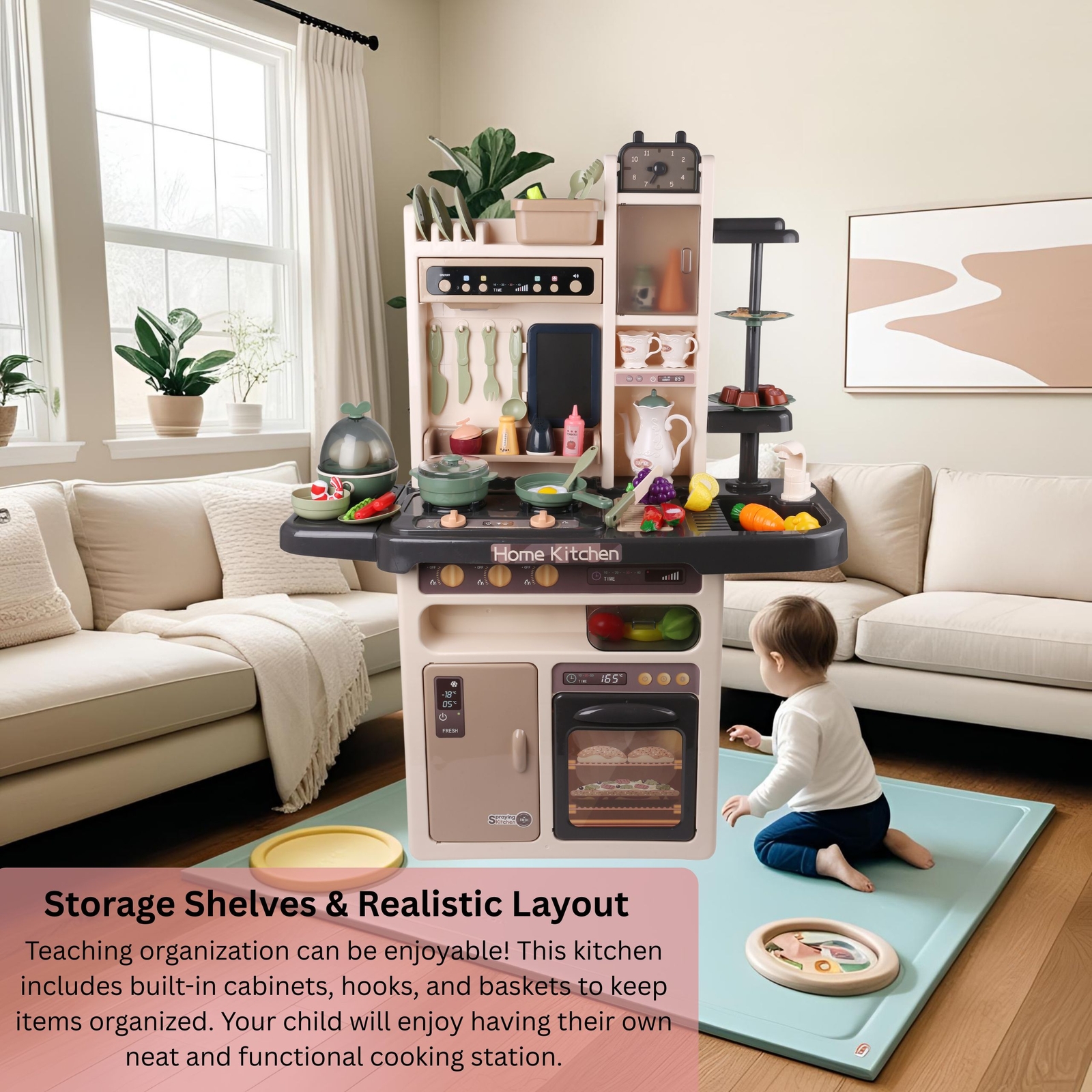 Interactive Kids Kitchen PlaySet with Steam, Light, Music & 65 Pcs Accessories