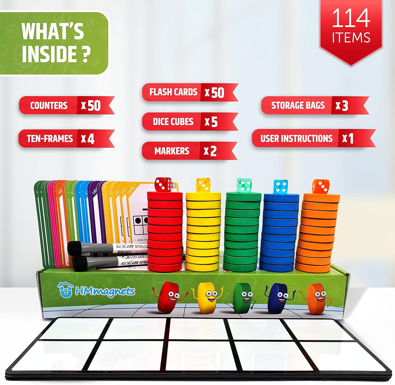 Magnetic Ten Frame Set: 4 Durable Ten-Frames + 50 Colorful Counters + 50 Math Fl